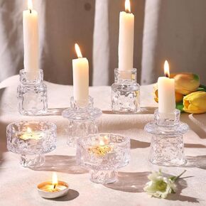 6 PCS Candlestick Holders, Clear Taper Candle Holders, Tealight Candle Holder Glass for Wedding Centerpieces Dinner Party Christmas Halloween Table Decor