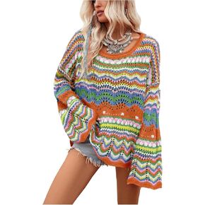 COZYEASE Women's Oversized Sweater Colorblock Long Sleeve Drop Shoulder Round Neck Pullover Sweater Tops