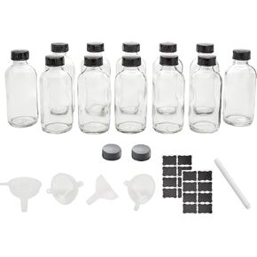 Bastelica 12 Pack 4 oz Clear Glass Bottles with Lids & 4 Funnels & 16 Lables & 1 Marker - 120ml Boston Sample Bottles for Potion, Ginger Shots, Whiskey, Juice, Liquids