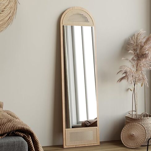 Honyee 65"x15.7" Full Length Mirror, Arched Floor Mirror with Standing Holder, Wooden-Frame Wall Mirror for Cloakroom/Bedroom/Living Room and More, Natural Wood in Saudi Arabia