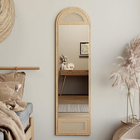 Honyee 65"x15.7" Full Length Mirror, Arched Floor Mirror with Standing Holder, Wooden-Frame Wall Mirror for Cloakroom/Bedroom/Living Room and More, Natural Wood in Saudi Arabia