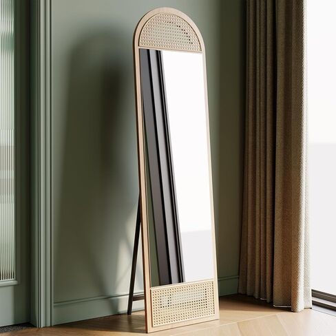 Honyee 65"x15.7" Full Length Mirror, Arched Floor Mirror with Standing Holder, Wooden-Frame Wall Mirror for Cloakroom/Bedroom/Living Room and More, Natural Wood in Saudi Arabia