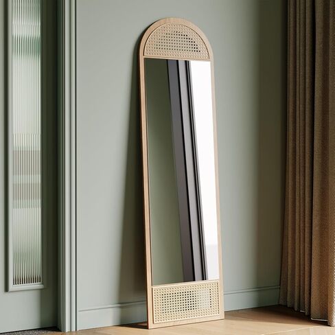 Honyee 65"x15.7" Full Length Mirror, Arched Floor Mirror with Standing Holder, Wooden-Frame Wall Mirror for Cloakroom/Bedroom/Living Room and More, Natural Wood in Saudi Arabia