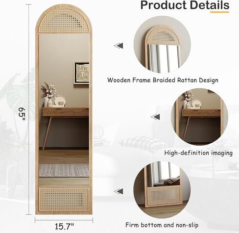 Honyee 65"x15.7" Full Length Mirror, Arched Floor Mirror with Standing Holder, Wooden-Frame Wall Mirror for Cloakroom/Bedroom/Living Room and More, Natural Wood in Saudi Arabia