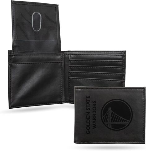 محفظة Rico Industries NBA Golden State Warriors Premium من الجلد النباتي الأسود المحفور بالليزر قابلة للطي - تصميم نحيف ولكنه متين - مثالية لإظهار فخر فريقك أو هديتك in Saudi Arabia