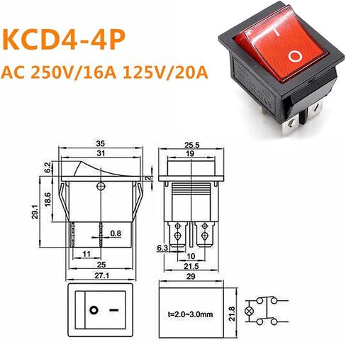 Oiyaga 2Pcs Rocker Switch KCD4 DPST 4 Pins 2 Position ON/Off AC 20A/125V 15A/250V DPST Red LED Light Illuminated Boat Toggle Switch in Saudi Arabia