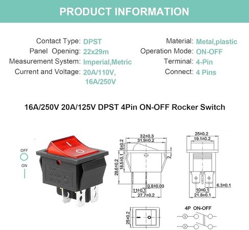 Oiyaga 2Pcs Rocker Switch KCD4 DPST 4 Pins 2 Position ON/Off AC 20A/125V 15A/250V DPST Red LED Light Illuminated Boat Toggle Switch in Saudi Arabia