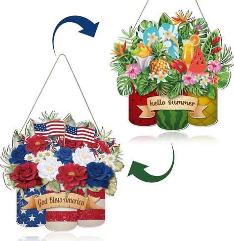 لافتة ترحيب للصيف/الرابع من يوليو - لافتة باب معلقة على شكل أناناس صيفي خشبي قابل للعكس من Wxiben، علم أمريكي وطني، ديكور للباب الأمامي مع حبل للمنزل في الهواء الطلق، ديكور جدار الشرفة in Kuwait