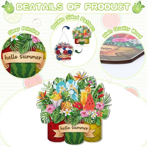 لافتة ترحيب للصيف/الرابع من يوليو - لافتة باب معلقة على شكل أناناس صيفي خشبي قابل للعكس من Wxiben، علم أمريكي وطني، ديكور للباب الأمامي مع حبل للمنزل في الهواء الطلق، ديكور جدار الشرفة in Kuwait