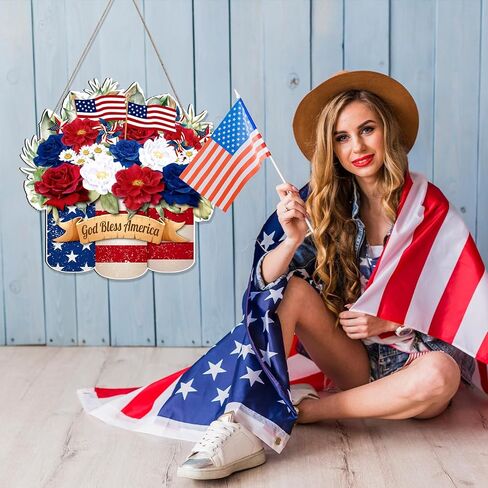 لافتة ترحيب للصيف/الرابع من يوليو - لافتة باب معلقة على شكل أناناس صيفي خشبي قابل للعكس من Wxiben، علم أمريكي وطني، ديكور للباب الأمامي مع حبل للمنزل في الهواء الطلق، ديكور جدار الشرفة in Kuwait