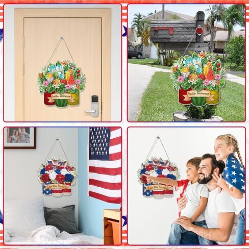 لافتة ترحيب للصيف/الرابع من يوليو - لافتة باب معلقة على شكل أناناس صيفي خشبي قابل للعكس من Wxiben، علم أمريكي وطني، ديكور للباب الأمامي مع حبل للمنزل في الهواء الطلق، ديكور جدار الشرفة in Kuwait