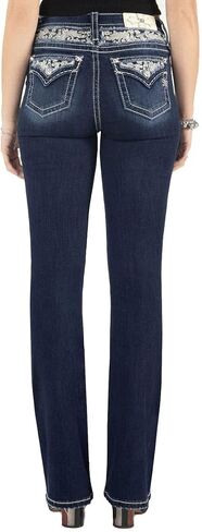 Miss Me Women's Mid-Rise Swirling Silver and Pearl Applique Embellished Faux Flap Pockets Bootcut Jeans in Saudi Arabia