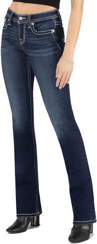 Miss Me Women's Mid-Rise Swirling Silver and Pearl Applique Embellished Faux Flap Pockets Bootcut Jeans in Saudi Arabia
