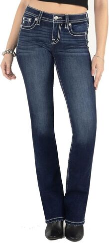 Miss Me Women's Mid-Rise Swirling Silver and Pearl Applique Embellished Faux Flap Pockets Bootcut Jeans in Saudi Arabia