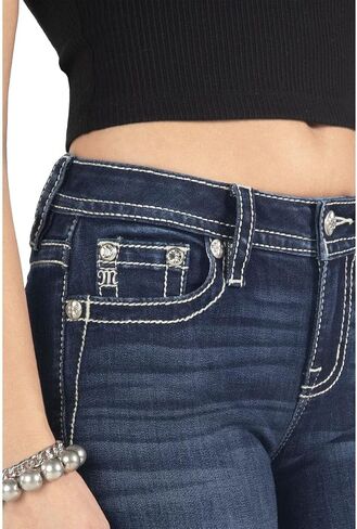 Miss Me Women's Mid-Rise Swirling Silver and Pearl Applique Embellished Faux Flap Pockets Bootcut Jeans in Saudi Arabia