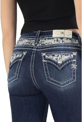 Miss Me Women's Mid-Rise Swirling Silver and Pearl Applique Embellished Faux Flap Pockets Bootcut Jeans in Saudi Arabia