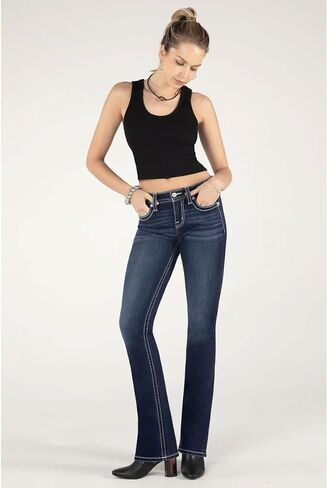 Miss Me Women's Mid-Rise Swirling Silver and Pearl Applique Embellished Faux Flap Pockets Bootcut Jeans in Saudi Arabia