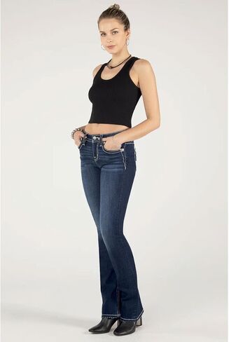 Miss Me Women's Mid-Rise Swirling Silver and Pearl Applique Embellished Faux Flap Pockets Bootcut Jeans in Saudi Arabia