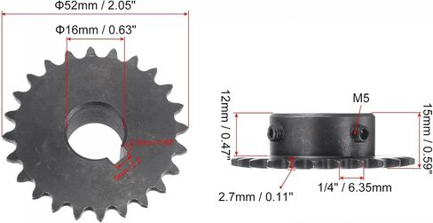 uxcell 24 Tooth Roller Sprocket B Type, 25 Chain, Single Strand 1/4" Pitch, 16mm Bore Black Oxide C45 Carbon Steel, Keyway with Set Screws for ISO 04C in Saudi Arabia