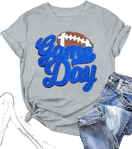 قميص للسيدات من Game Day، قمصان جرافيك برقعة لامعة لكرة القدم Sunday Funday، تي شيرت عتيق لموسم كرة القدم بأكمام قصيرة in Kuwait