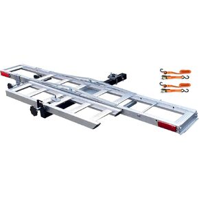 MaxxHaul 50937 Hitch Mounted Aluminum Motorcycle Dirt Bike Carrier with Ramp 400 Lbs Capacity, with Hitch Tightener and Visibility Tie Downs