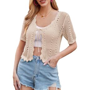 Kate Kasin Women Crochet Shrug Sweater Tie Front Knit Bolero Shrug for Dress Short Sleeve Cropped Cardigan