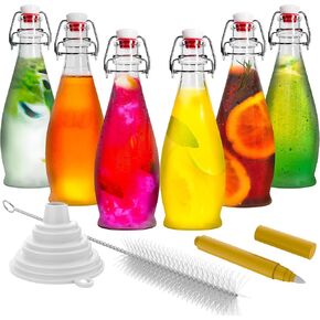 Nevlers Set of 6 | 8.5 Oz. Glass Bottle Set with Swing Top Stoppers and Includes Bottle Brush, Funnel and Gold Glass Marker | Swing Top Glass Bottles | Clear Glass Water Bottle
