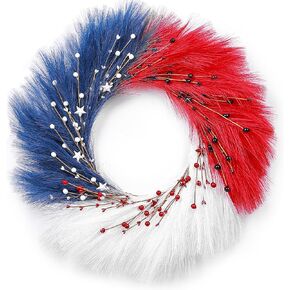 24 inch Independence Day Wreath,Red White Blue Artificial Reeds Wreath with Berries Star Patriotic Floral Decorations Wreath Home Indoor Outdoor Hanging Pampas Grass Wreath for Memorial Day July 4th