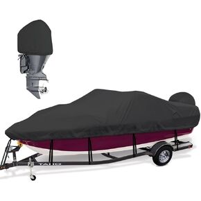 Boat Covers 17-19ft,Waterproof Bass Boat Cover 17 18 19 foot,600D Canvas Heavy Duty Boat Cover 17 feet,Fits V-Hull Fishing Runabout Bowrider Boat,17'-19' Boat Cover with Outboard Motor Cover