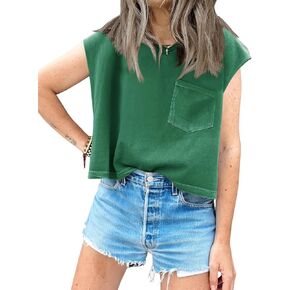 Tankaneo Womens Crop Tank Top Cap Sleeve Summer Tops Loose Casual Basic Crewneck Shirts with Pockets