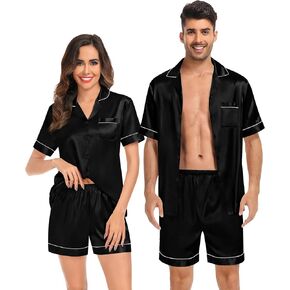 SWOMOG Couples Matching Pajamas Set Satin Short Sleeve Button Down Tops Silk Shorts Pj Lounge Set Soft Sleepwear in Kuwait