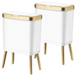2Pack White Trash Can with Lid, Bathroom Trash Can with Gold Edge, Narrow Modern Garbage Can for Bedroom, Slim Plastic Trash Bin for Room,Kitchen, Living Room, Office,4 Gallon