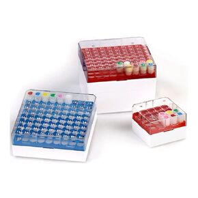 Globe Scientific BioBox 3042B Polycarbonate Storage Box with Transparent Lid for 3mL, 4mL and 5mL Tubes, Holds 81 Vials, Blue (Pack of 4)