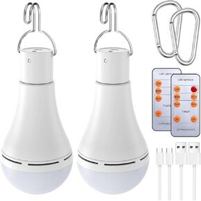 Brightown USB Rechargeable Light Bulb with Remote and Timer, Battery Emergency Light Bulbs for Home Power Outage, Hanging LED Light Bulb with Hook for Outdoor Camping Tent, 900LM, 6000K, 2 Pack