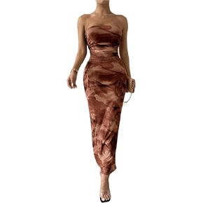 GORGLITTER Women's Mesh Floral Ruched Bodycon Long Dress Split Strapless Tube Maxi Dresses
