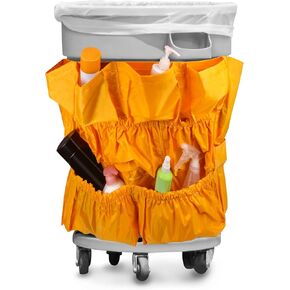 QWORK Trash Can Caddy Bag, 10 Pockets Commercial Cleaning Caddy Bag, Fit 32-50 Gallon Can, Round Trash Bag Holder, Garbage Bin Caddy Organizer, Yellow