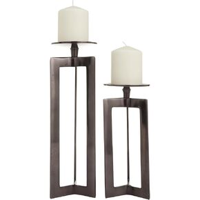 CosmoLiving by Cosmopolitan Aluminum Geometric Pillar Candle Holder, Set of 2 14", 10"H, Bronze