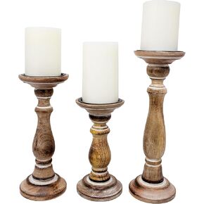 Boston Warehouse Natural Wood Pillar Candle Holder, 3 Piece Set, Distressed Whitewash
