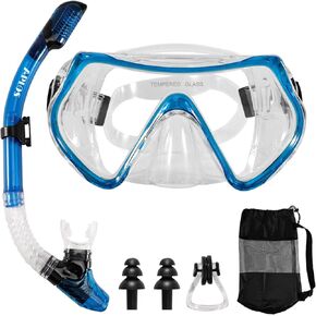 APLOS Snorkeling Gear for Adults, Dry-Top Snorkel Set, Panoramic Anti-Leak and Anti-Fog Tempered Glass Lens, Adults Adjustable Snorkeling Set, Scuba Diving Swimming Training Snorkel Kit
