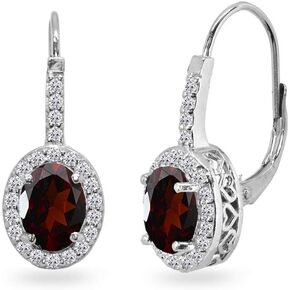 Sterling Silver Genuine or Synthetic Gemstone 8x6mm Oval Halo Drop Leverback Earrings for Women in Kuwait
