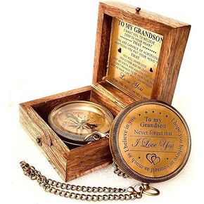 Brass Engraved Pocket Compass Gift for Grandson Brass Compass Memory Present to My Grandson Birthday, Baptism, Graduation, Confirmation, Love, Gift idea