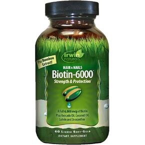 Irwin Naturals Biotin-6000 Supports Healthy Skin, Hair & Nails - Strength + Protection with High Potency 6000 mcg, Bamboo, Avocado, Coconut & More - Maximum Absorption - 60 Liquid Softgels