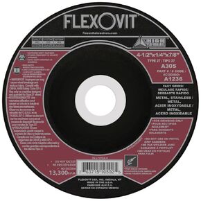 Flexovit® 4-1/2" X 1/4" X 7/8" HIGH Performance™ 30 Grit Aluminum Oxide Grain Reinforced Type 27 Depressed Center Grinding Wheel (A1236 Pack of 25)