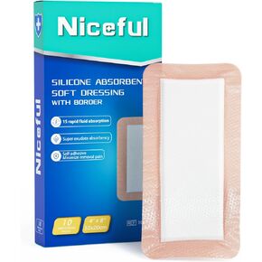Silicone Super Absorbent Wound Dressing-4"× 4" Self-Adhesive Bandages for Wound Care, FSA HSA Eligible, Ultra Soft Wound Pads for Bed Sores Leg Ulcers Burns, 10
