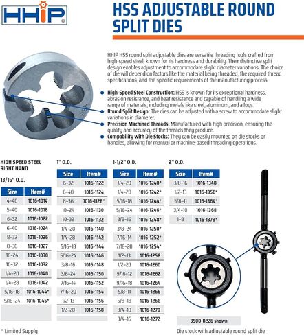 HHIP 1016-1158 1/2-20 (1 Inch OD) Adjustable Round Split Die in Saudi Arabia