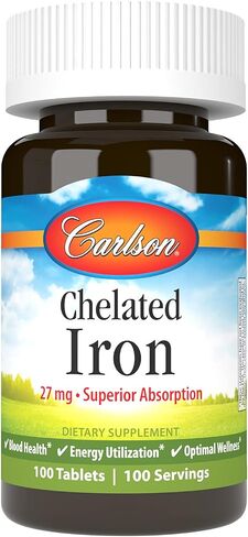 Carlson - Chelated Iron, 27 mg Superior Absorption, Blood Health, Energy Utilization & Optimal Wellness, 100 Tablets in Saudi Arabia