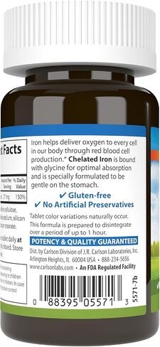 Carlson - Chelated Iron, 27 mg Superior Absorption, Blood Health, Energy Utilization & Optimal Wellness, 100 Tablets in Saudi Arabia