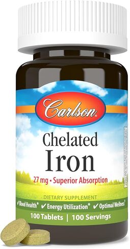 Carlson - Chelated Iron, 27 mg Superior Absorption, Blood Health, Energy Utilization & Optimal Wellness, 100 Tablets in Saudi Arabia