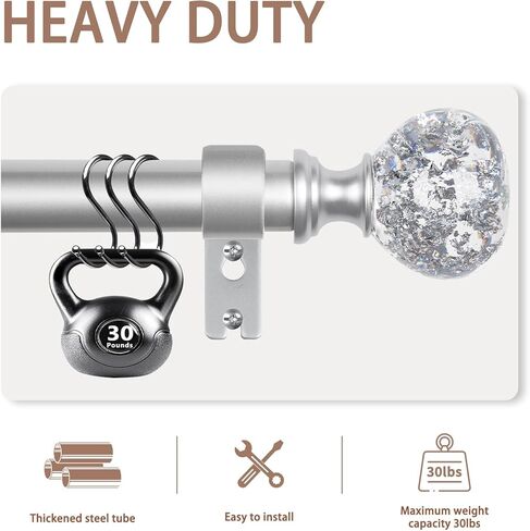 قضبان ستائر zeerobee للنوافذ من 48 إلى 86، قضبان ستائر مقاس 1 بوصة، قضبان ستائر شديدة التحمل مع تشطيبات فضية شفافة مزخرفة، قضيب ستارة خارجي مع قضبان ستائر قابلة للتعديل، 48 بوصة - 86 بوصة، فضي in Kuwait