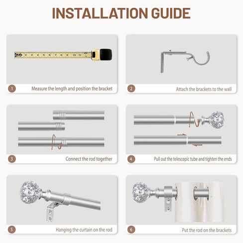 قضبان ستائر zeerobee للنوافذ من 48 إلى 86، قضبان ستائر مقاس 1 بوصة، قضبان ستائر شديدة التحمل مع تشطيبات فضية شفافة مزخرفة، قضيب ستارة خارجي مع قضبان ستائر قابلة للتعديل، 48 بوصة - 86 بوصة، فضي in Kuwait